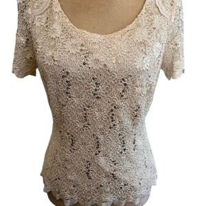 Jacques Vert Petite Cream Lace Sequin Scoop Neck Short Sleeve Top Blouse